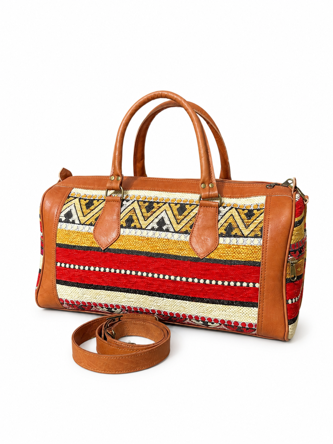 Moroccan Kilim Leather Weekender Travel Bag – Red
