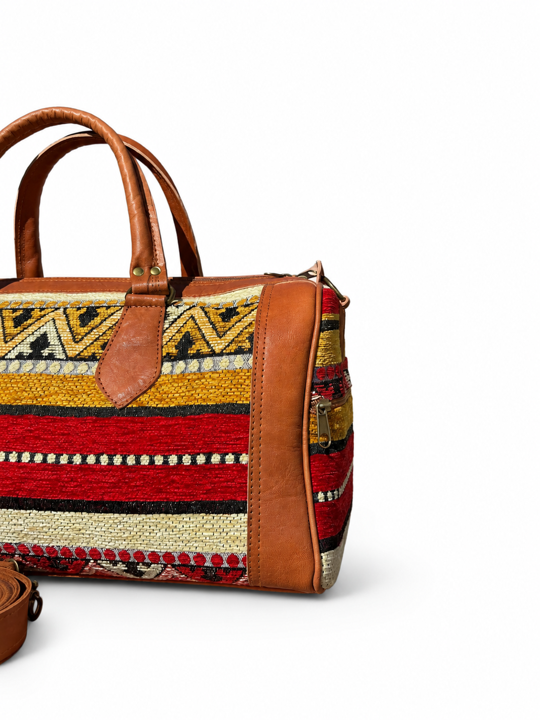 Moroccan Kilim Leather Weekender Travel Bag – Red