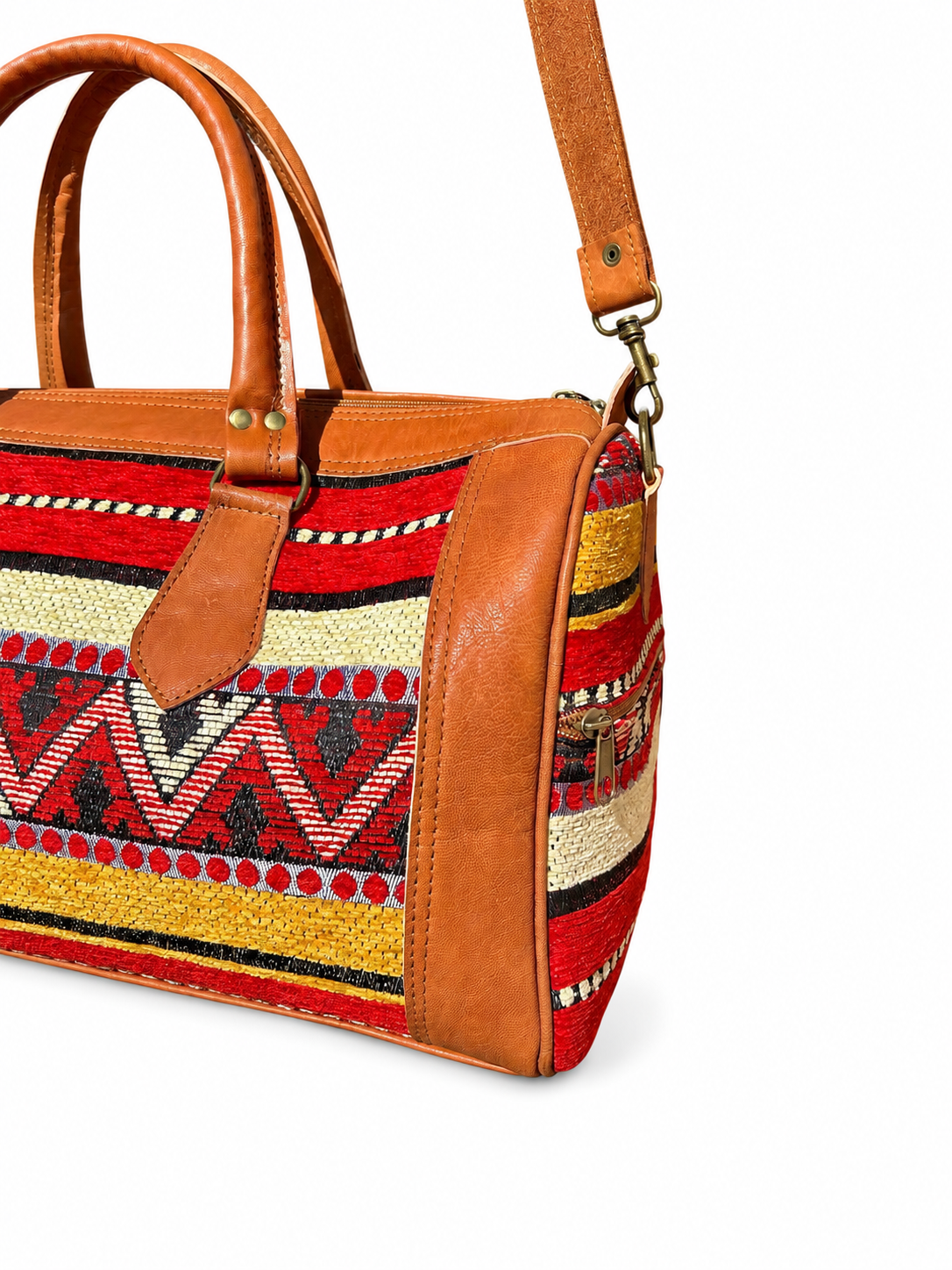 Moroccan Kilim Leather Weekender Travel Bag – Red